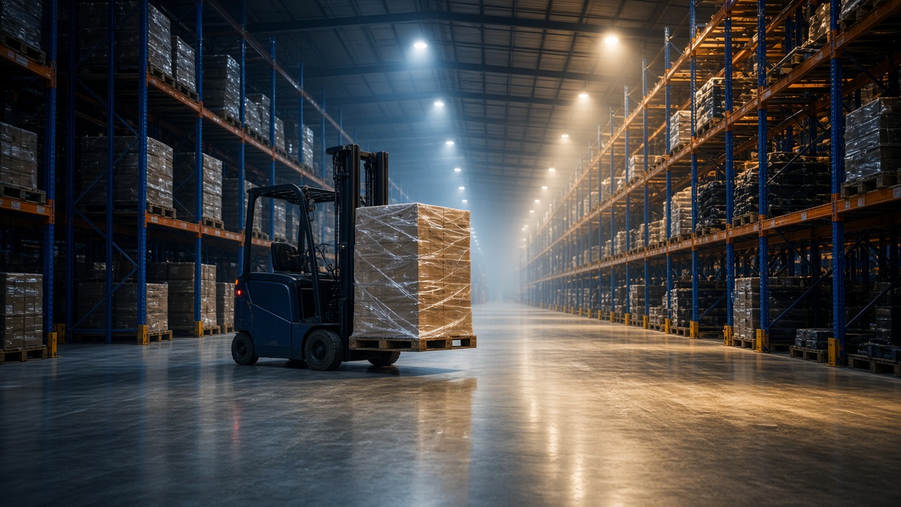 Depo koridorunda paleti taşıyan forklift